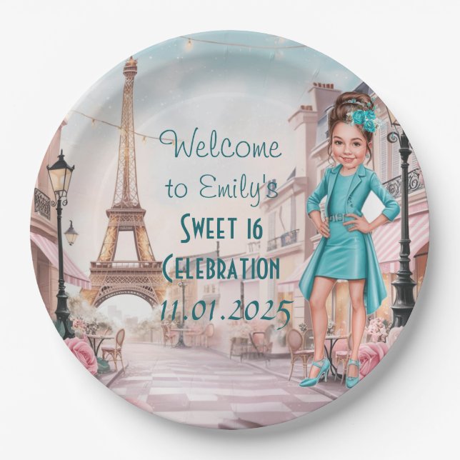 Prato De Papel Paris Personalizado e Rosas Sweet 16 em Paris (Frente)