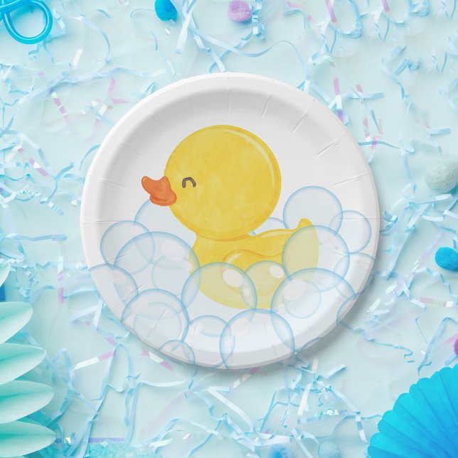 Prato De Papel Parte de Pato de Borracha de Aquarela (Watercolor Rubber Duck Paper Plates on White for Birthday or Baby Shower)