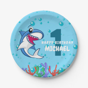 Prato De Papel Parte de primeiro aniversario de Tubarão de Nome 