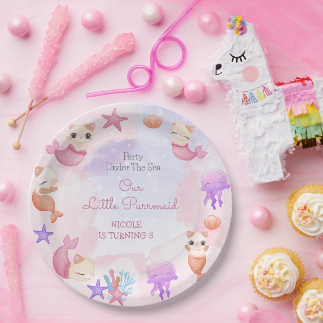 Prato De Papel Parteira de gato e sereia (Festa)