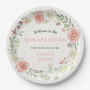 Prato De Papel Partido Annaprashan Menina Aquarela Rosa Floral
