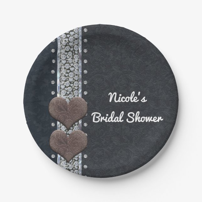 Prato De Papel Partido Bling de Couros Negros e Diamantes do Glam (Frente)