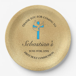 Prato De Papel Partido da Primeira Comunhão da Cruz Dourada Elega