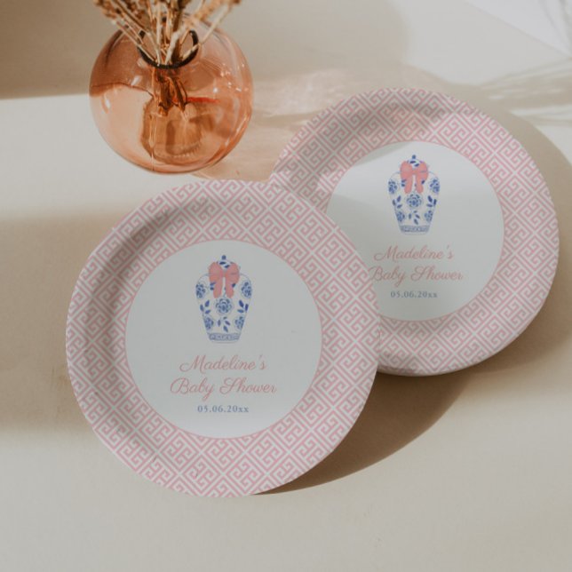 Prato De Papel Partido do Chá de fraldas Ginger Jar Girl, Arco ro (Chinoiserie Chic baby girl shower paper plates featuring watercolor ginger jar with pink bow)