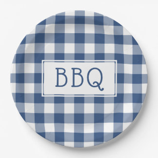 Prato De Papel Partido do CHURRASCO de Padrão de Gingham Azul e B
