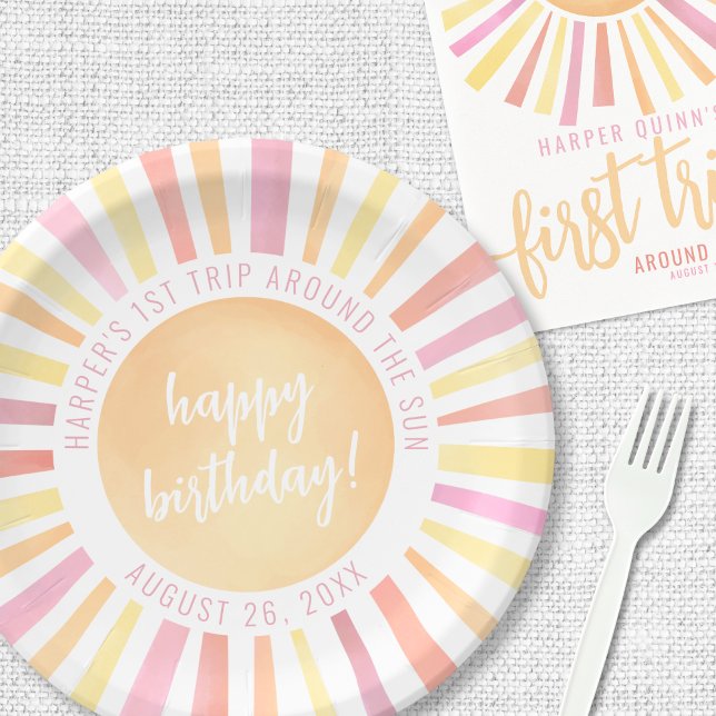 Prato De Papel Partido do primeiro aniversario Sol Rosa Sol (Sunshine Pink Sun 1st Birthday Party Paper Plates)
