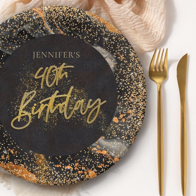 Prato De Papel Partido Elegante Negro e Dourado Glitter aniversár (Criador carregado)