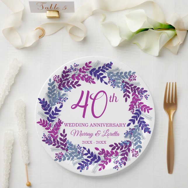 Prato De Papel Partido Elegante Pink Wreath 40º Aniversário (Casamento)