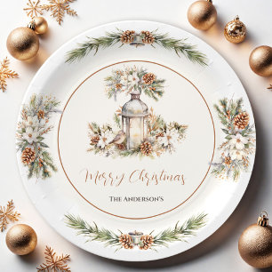 Prato De Papel Partido Jante de Natal Branco e Creme Elegante