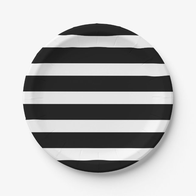 Prato De Papel Partido Moderno Chic Black and White Stripe (Frente)