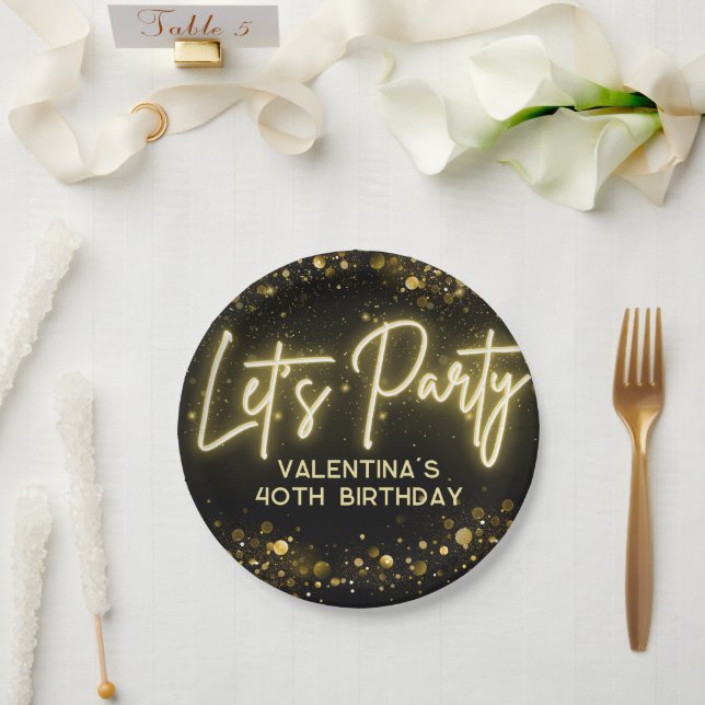 Prato De Papel Partido Moderno do Vamos Negro e Luz Néon Dourada (Casamento)