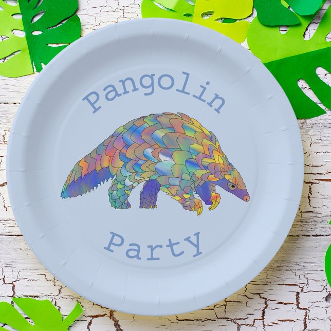 Prato De Papel Partido Pangolin Ameaça Ativismo Animal Arte Azul (Cute pangolin party paper plate ideal for birthdays or summer parties colorful animal art)