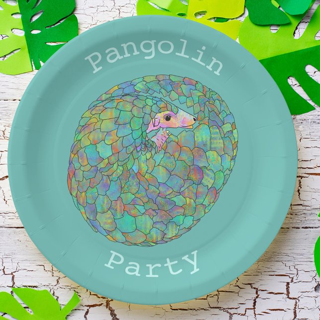 Prato De Papel Partido Pangolin Ameaça Ativismo Animal Verde (Cute pangolin party paper plate colorful wild animal art endangered species )