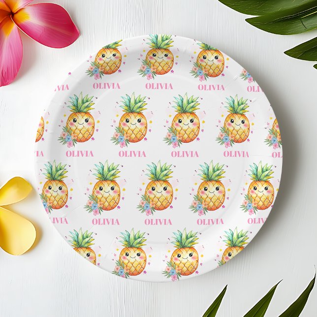 Prato De Papel Partido Personalizado do primeiro aniversario do A (Personalized Pineapple Aloha 1st Birthday Party Paper Plates)