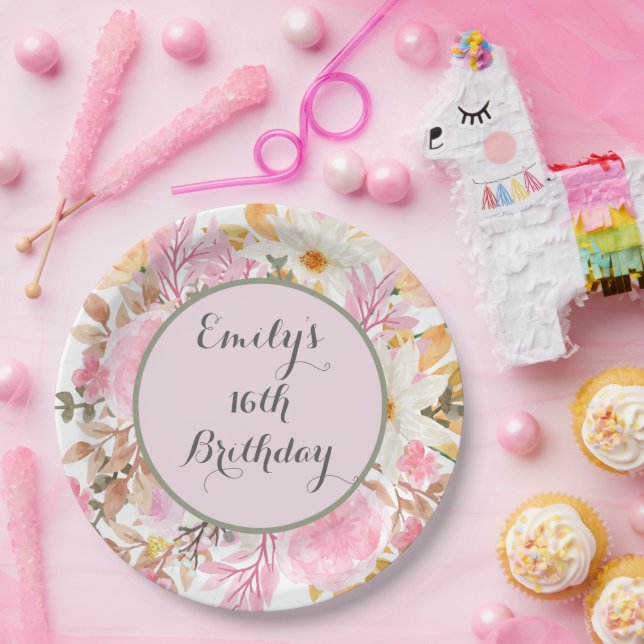 Prato De Papel Partido Personalizado Floral Rosa Elegante (Festa)