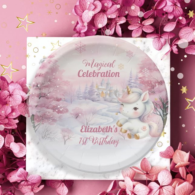 Prato De Papel Partido primeiro aniversario de Celebração Mágica  (Unicorn Pink Magical Celebration Mythical Creature Girl's 1st Birthday Party Paper Plates)