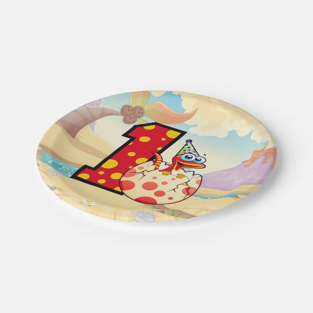 Prato De Papel Partido primeiro aniversario Dinossauro (Inclinado)