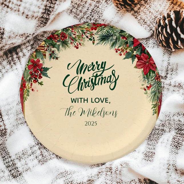 Prato De Papel Partido Rustic Red Poinsettia Feriado (Criador carregado)