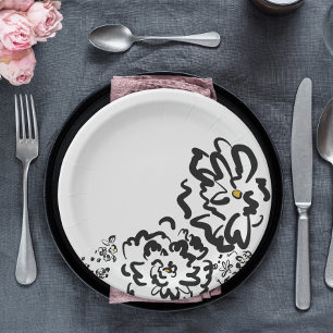 Prato De Papel Partido Simples de Desenho de Flor Preto e Branco