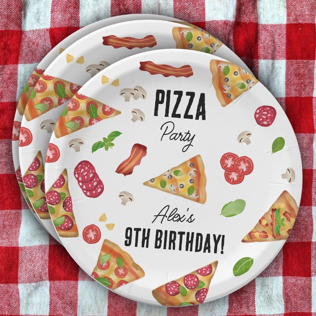 Prato De Papel Partido Tema da Pizza - Festa de Aniversário de cr (Pizza Party Theme Watercolor Kids Birthday Party Paper Plates)