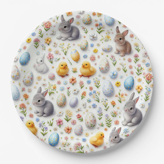 Prato De Papel Party Paper Plates – Bunnies, Eggs, Chicks (Frente)