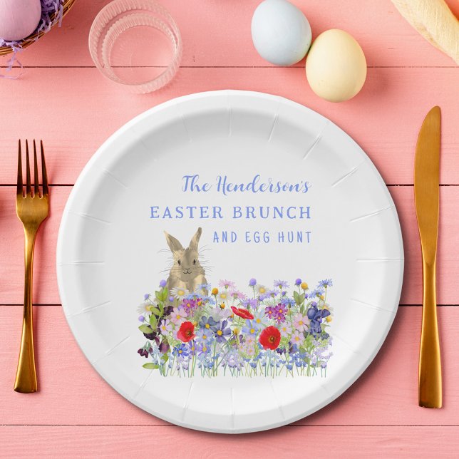 Prato De Papel Páscoa Brunch e Ovo Hunt Bunny Floral Personalizad (Easter brunch and egg hunt watercolor bunny and wildflowers custom paper plate)