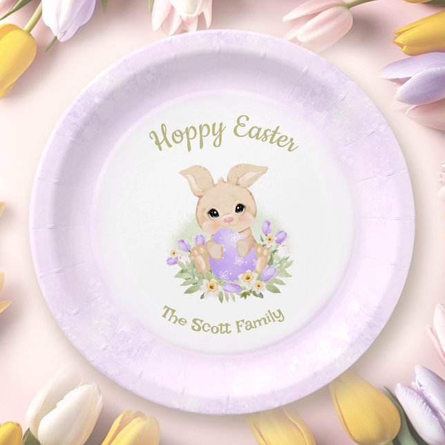 Prato De Papel Páscoa Brunch Ovo Hunt Purple Bunny Nome da Famíli (Easter Brunch Egg Hunt Purple Bunny Family Name Paper Plates)