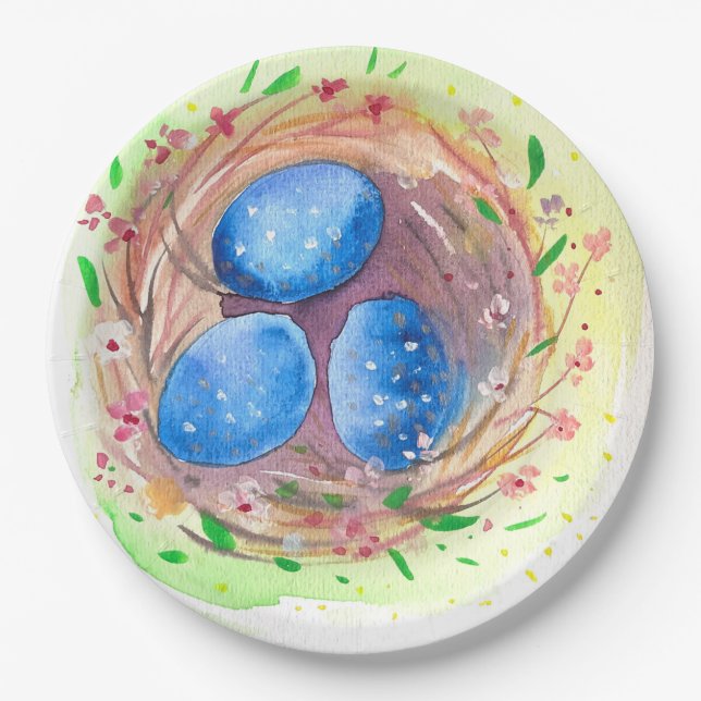 Prato De Papel Páscoa das coxas aquarelas ovos azuis (Frente)