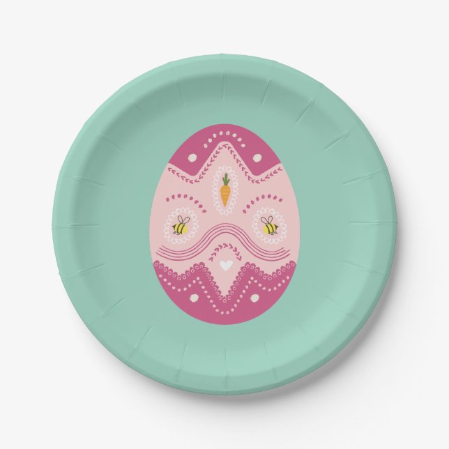 Prato De Papel Páscoa, placa, ovo rosa sobre fundo verde (Frente)