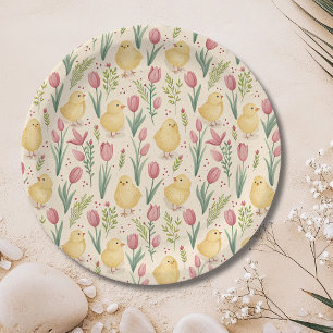 Prato De Papel Páscoa Vintage Lindos Pintinhos Amarelos Tulipas V