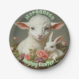 Prato De Papel Páscoa Vintage Personalizar Lamb & Bunny