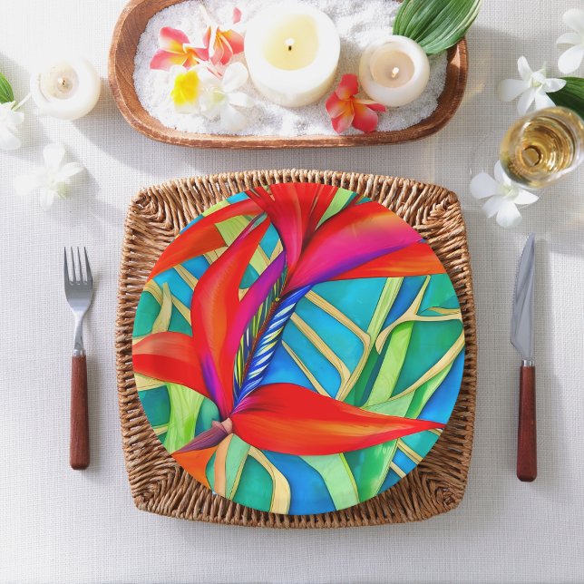 Prato De Papel Pássaro abstrato Havaiano da Flor do Paraíso (Beautiful Bird of Paradise paper plates for your next tropical or beach themed gathering.)
