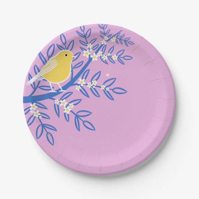 Prato De Papel Pássaro Amarelo Ilustrado em um Fundo Rosa (Frente)