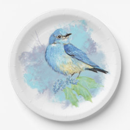 Prato De Papel Pássaro Azul de Jardim Bonito Arte em Aquarela Azu