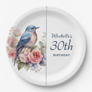 Prato De Papel Pássaro Azul Flores Rosa Aniversário de 30 anos