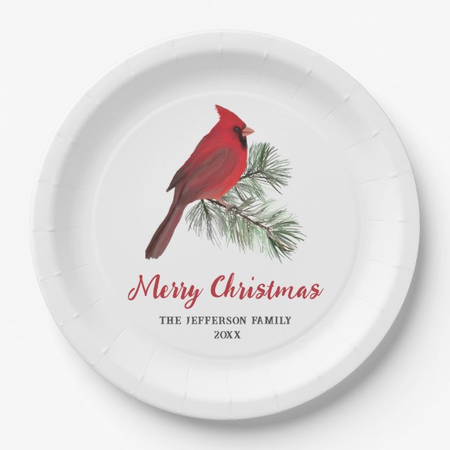Prato De Papel Pássaro Cardinal Elegante no Monograma do Pinheiro (Frente)