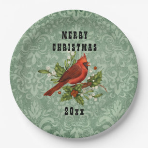 Prato De Papel Pássaro Cardinal Vermelho Vintage Feliz Natal