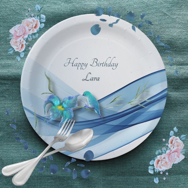 Prato De Papel Pássaro humano e onda azul Placas de aniversário (Criador carregado)