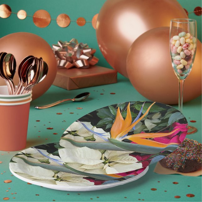 Prato De Papel Pássaro Tropical de Paraíso e Poinsettias (Múltiplo)