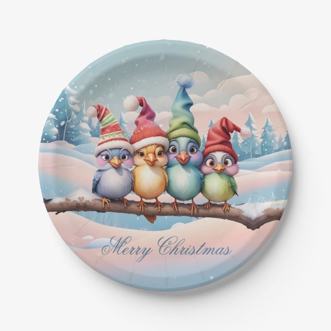 Prato De Papel Pássaros bonitos de fantasia com chapéus de Natal. (Frente)