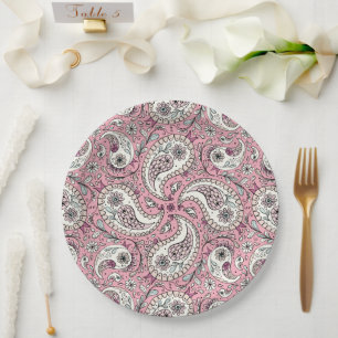 Prato De Papel Pássaros da Paisley em rosa-bebê