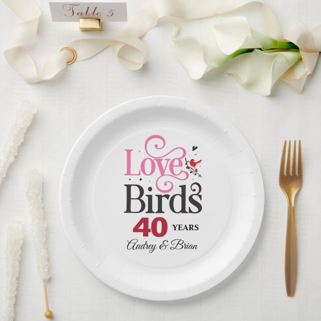 Prato De Papel Pássaros do Amo no 40º Aniversário Personalizados (Casamento)