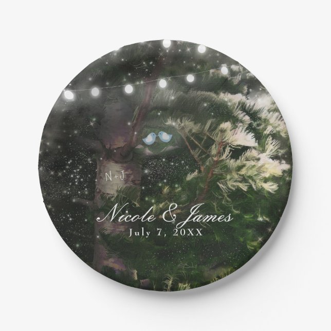 Prato De Papel Pássaros do Amor + Recepção de casamento Noturna P (Frente)