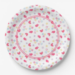 Prato De Papel Pássaros Rosa e Corações de Amor