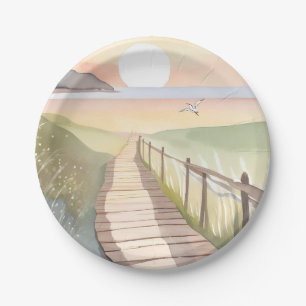 Prato De Papel Passeio pelo Oceano Aquarela do Pôr do Sol Amare