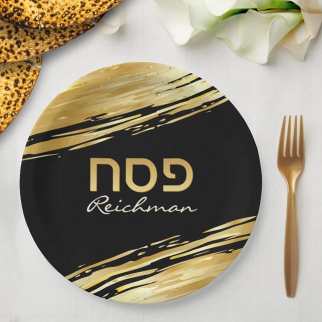 Prato De Papel Passover Seder Personalizado Swash Dourado Hebraic (Criador carregado)