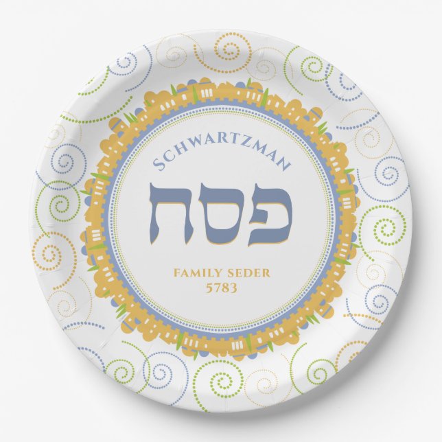 Prato De Papel Passover White Jerusalem Swirl Hebraico Nome w (Frente)