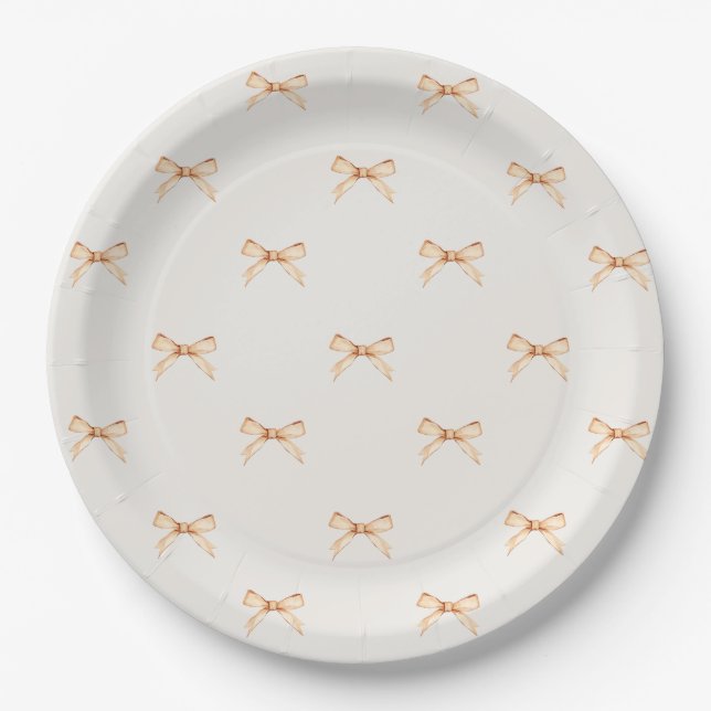 Prato De Papel Pastel Beige Paper Plate with Gold Bow Pattern (Frente)
