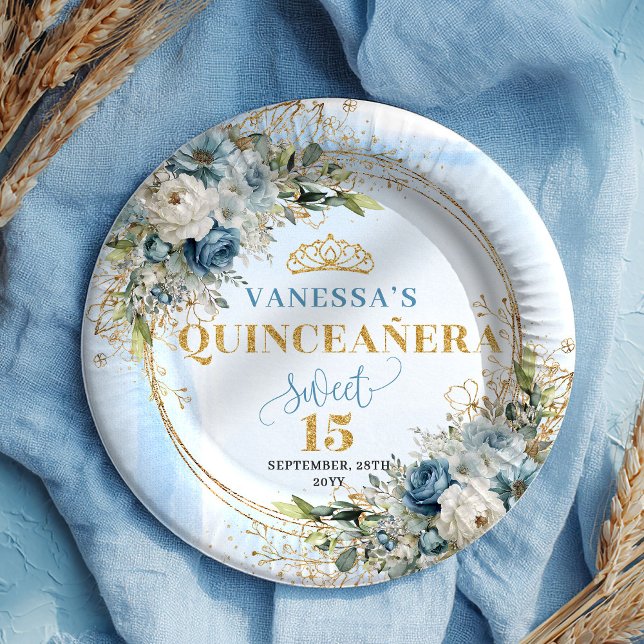 Prato De Papel Pastel Blue Boho Floral Gold Glitter Quinceañera  (Pastel Blue Boho Floral Gold Glitter Quinceañera Plates)