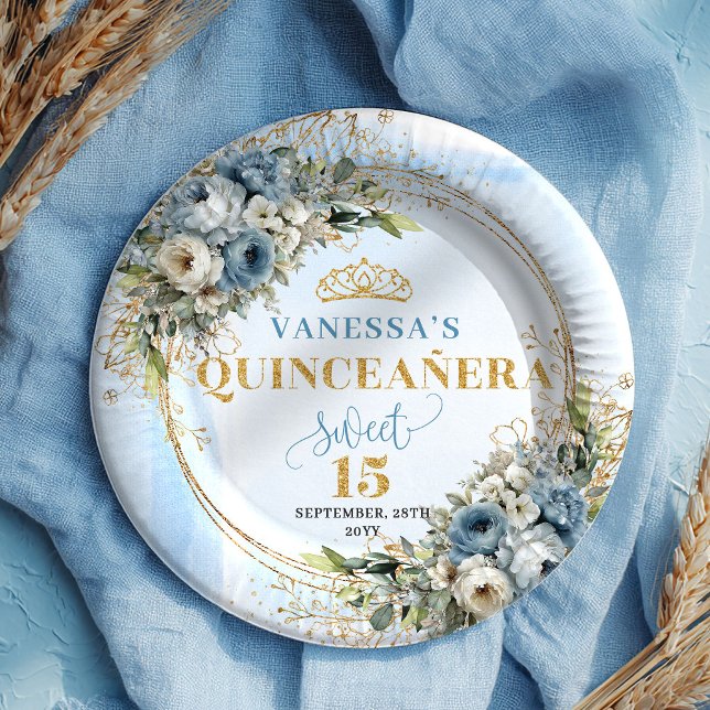 Prato De Papel Pastel Blue Floral Eucalyptus Gold Custom Plates (Pastel Blue Floral Eucalyptus Gold Custom Plates)